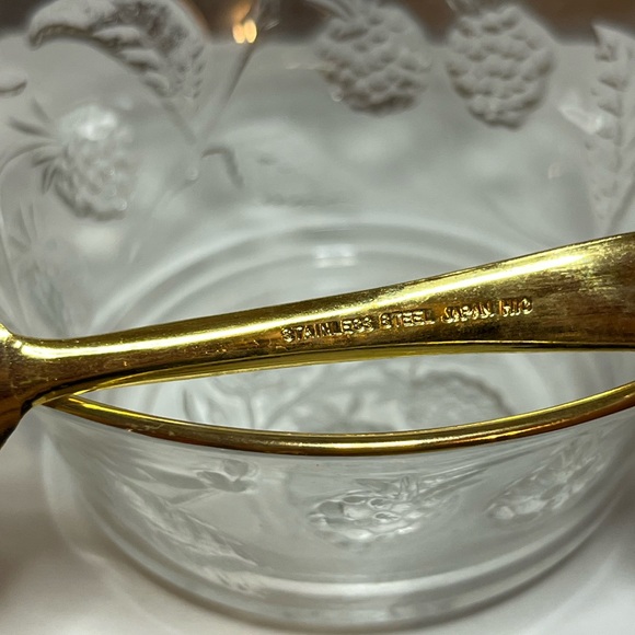 Vintage French Glass Jam Marmalade Berry Bowl Raspberry Pattern Gold Rim W/Spoon - Picture 4 of 4
